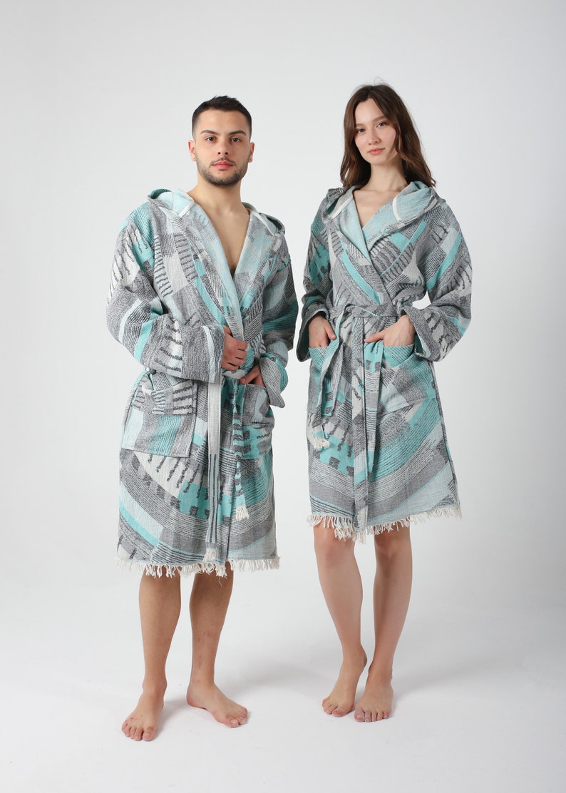 Green Colorful Jacquard Turkish Cotton Robe for Men, Lightweight Dressing Gown, Beach Pool Sauna Hot Tub Cover Up, Hooded Turkish Bathrobe image 5