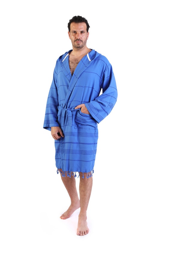 Men's Sky Blue Cotton Hand printed Bathrobe – Rangdeep