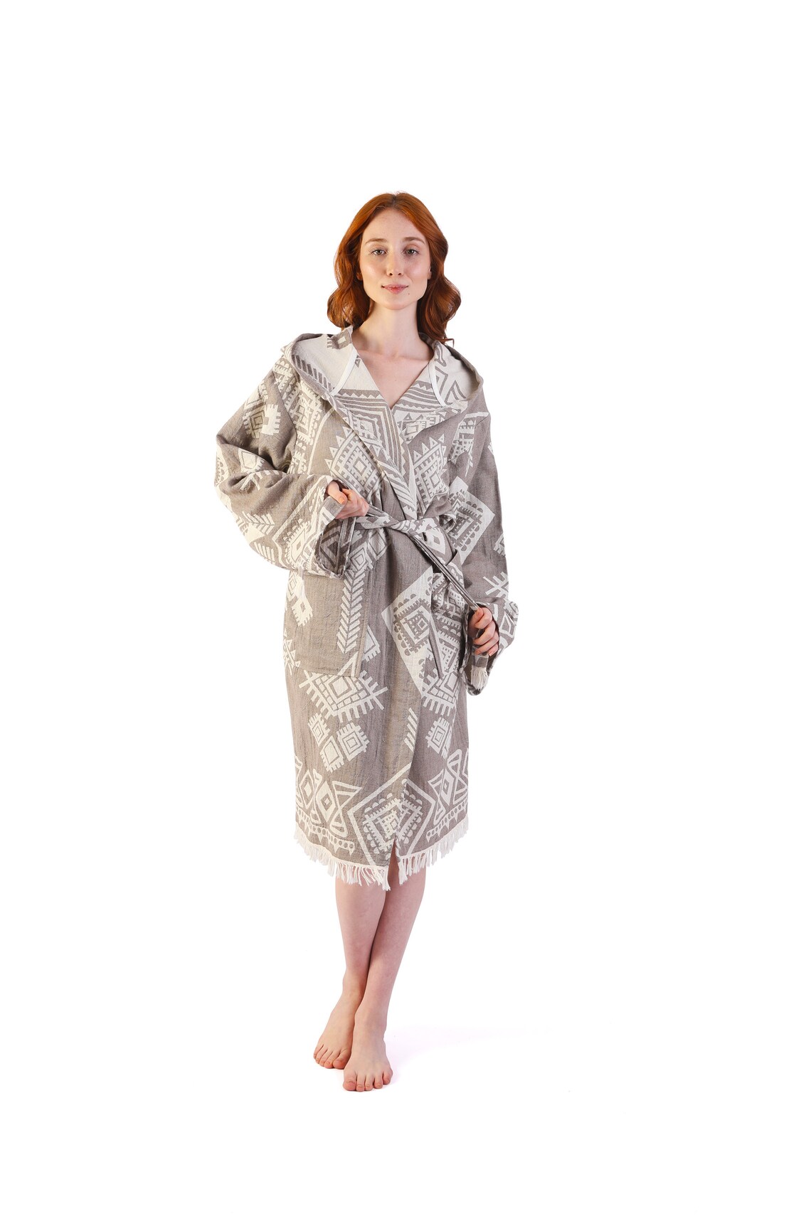 EMERALD Light Brown Ethnic Pattern Turkish Cotton Robe - Etsy