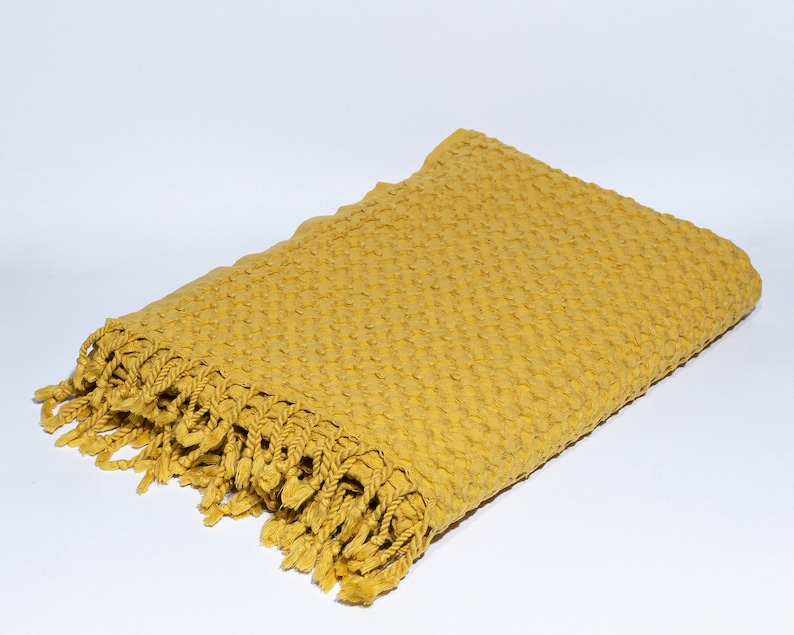 Yellow Big Waffle High Quality Turkish Cotton Throw Blanket, Couch Throw Blanket, Cozy Blanket, Sofa Cover, Cotton Bed Spread, Porch Blanket image 2