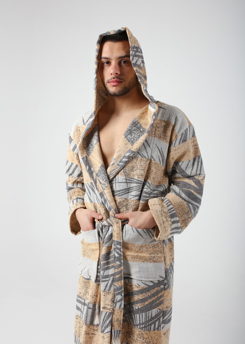Men Pool Robe Pink Palm Jacquard Turkish Cotton Robe for Men, Lightweight Dressing ...