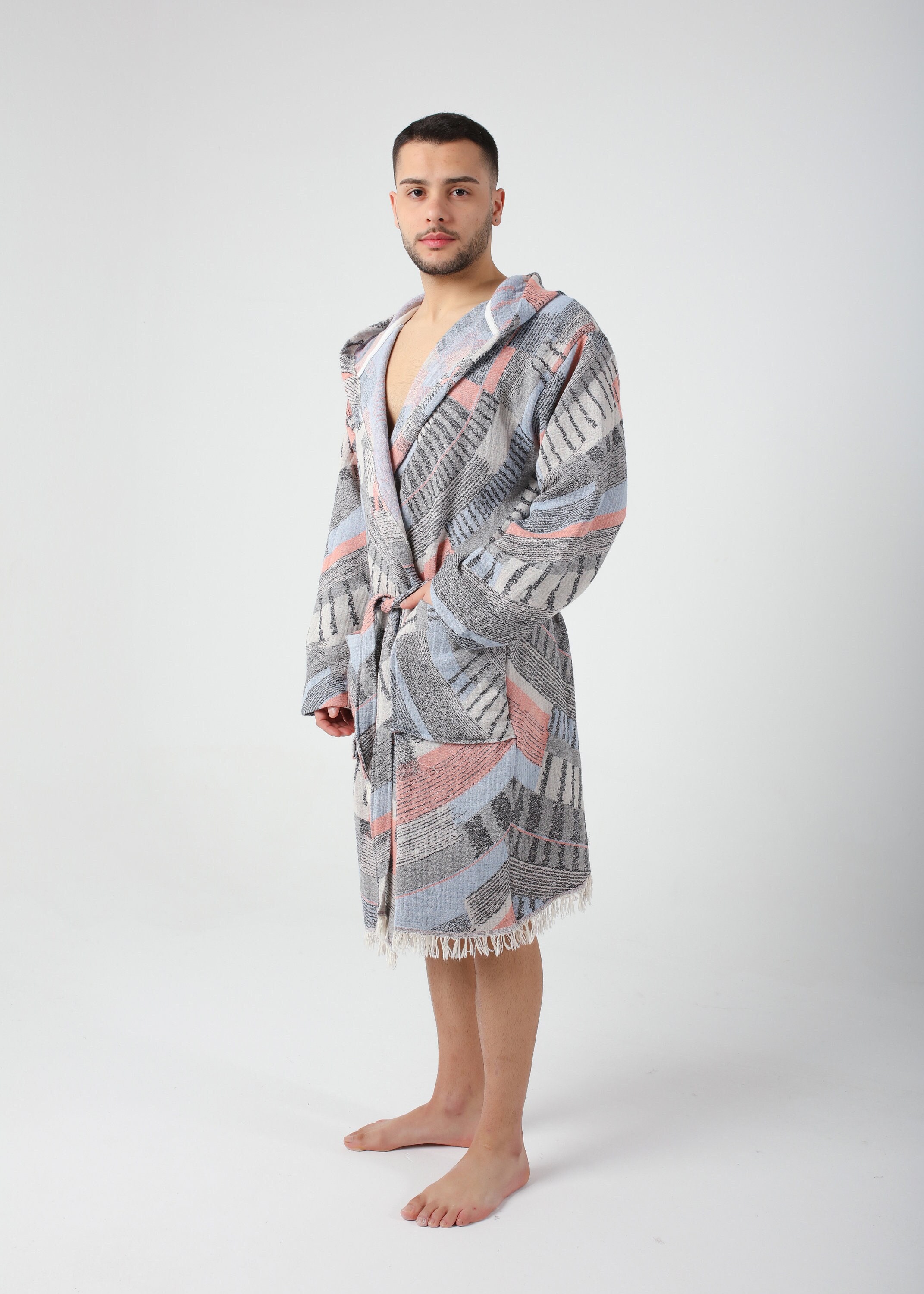 Men Pool Robe Coral Colorful Jacquard Turkish Cotton Robe for Men, Lightweight ...