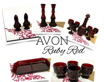 Avon  Ruby Red Vintage Glassware Cape Cod 1876 Pattern. Red Glassware. Dinner Plates, Wine Glasses, Candle holders, Napkin Rings, Glasses.