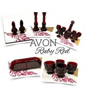 Vintage Avon Ruby Red Glass Cape Cod 1876 Pattern. Including Avon Red Glass Dinner Plates, Candle holders, Red Napkin Rings, Wine Goblets.