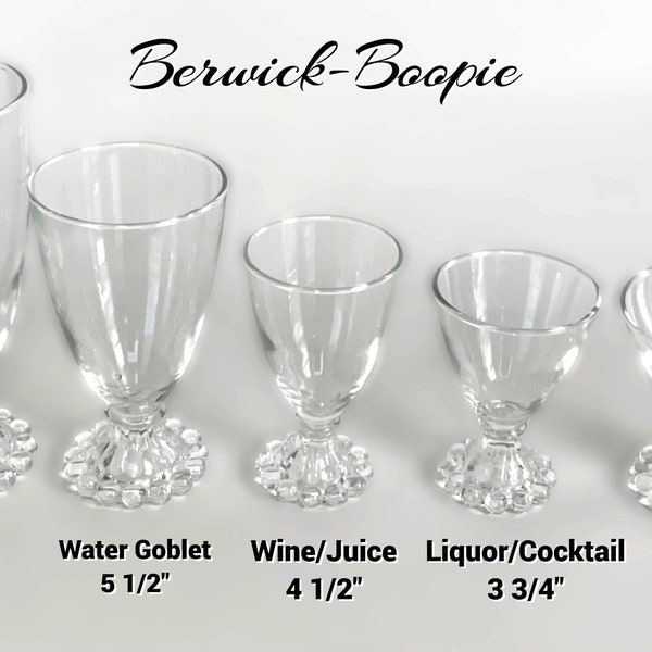 Berwick Boopie Vintage Glassware by Anchor Hocking. Water Goblets, Iced Tea Glasses, Wine, Cordial, Juice and Champagne Glasses.