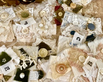 Lace & Fabric Snippets, Vintage Embellishments, Junk Journal Supplies, Set of 6
