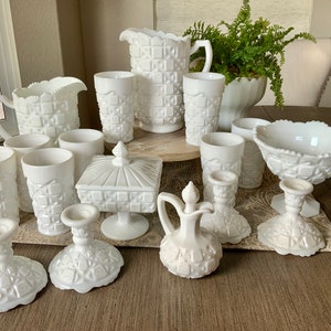 Collection of Old Quilt pattern Vintage Milk Glass By Westmoreland Glassware.