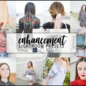 Könnte beinhalten: Eine Collage von Bildern mit Frauen in verschiedenen Outfits und Umgebungen. Das zentrale Bild zeigt den Text "enhancement LIGHTROOM PRESETS" mit Symbolen für Telefon, Computer und Tablet. Die Bilder zeigen Mode- und Lifestyle-Themen.