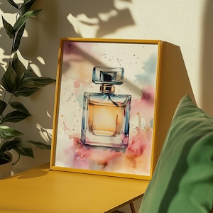Watercolor Perfume Bottle Print, Fashion Wall Art, Elegant Vanity Decor, Digital Download