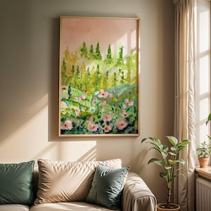 Pink Flowers Landscape Watercolor Wall Art, Digital Download, Botanical Nature Print for Home Decor