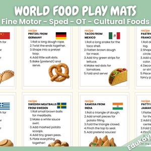May include: Educational play mats with recipes for cultural foods like dumplings, pretzels, tacos, and pastries. Each mat features a recipe, flag, and illustrations of the dish. Great for fine motor skills and cultural learning.