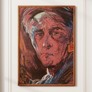 May include: A rectangular framed portrait painting featuring a stylized, expressive depiction of a person's face in shades of deep red, blue, and dark brown. The artwork displays visible, textured brushstrokes and a signature in the bottom corner.