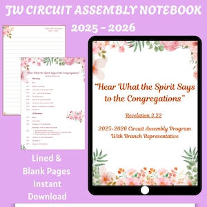 Puede incluir: Cuaderno de asamblea de circuito JW digital/imprimible 2025-2026. La imagen muestra una tableta digital y dos páginas con el texto "Oigan lo que el espíritu dice a las congregaciones". El cuaderno incluye páginas rayadas y en blanco.