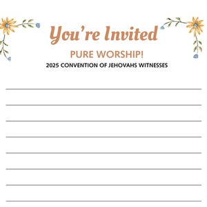 Invitación a la Convención de Adoración Pura, Cartas para Testigos de Jehová, Convención de los Testigos de Jehová 2025 / Estampados florales marrones y amarillos