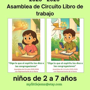 Peut inclure: Fond vert avec le texte "2025-2026 Asamblea de Circuito Libro de trabajo." Deux illustrations d'enfants tenant des téléphones et écrivant. Le texte en dessous indique "niños de 2 a 7 años" et "mylittlejemz@etsy.com."