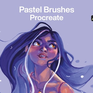 May include: A digital illustration of a woman with long blue hair, wearing a red top and a necklace. The background is a light purple with white dots. The text "Pastel Brushes Procreate" is at the top of the image.