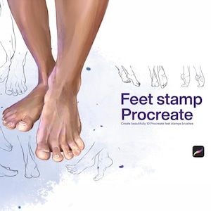 Peut inclure: Une illustration numérique montrant une paire de pieds peints de manière réaliste aux côtés de divers croquis au trait de pieds. Le texte indique Feet stamp Procreate et Create beautifully 10 Procreate feet stamps brushes, avec une icône Procreate.