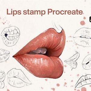 Può includere: Immagine con illustrazioni di labbra. Un paio di labbra rosse e lucide sono al centro, circondate da diversi disegni a tratto in bianco e nero di diverse forme di labbra. Il testo "Lips stamp Procreate" è visibile in alto.