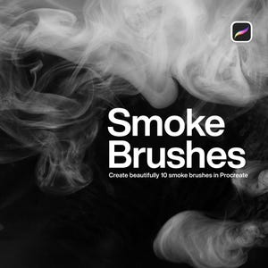 May include: A digital graphic featuring swirling white smoke against a black background. The text reads Smoke Brushes and Create beautifully 10 smoke brushes in Procreate. A small Procreate app icon is visible in the top right corner of the image.