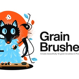 Może przedstawiać: Czarno-niebieski wilk z niebieskim, futrzanym ciałem je sushi za pomocą pałeczek. Wilk znajduje się przed czerwono-pomarańczowym kółkiem z czaszką i skrzyżowanymi kośćmi. Tekst "Grain Brushes" jest czarny na białym tle. Tekst "Create beautifully 10 grain brushes in Procreate" jest czarny na białym tle.