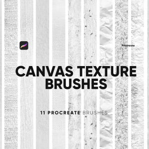 Könnte beinhalten: Eine digitale Sammlung von 11 Procreate-Leinwandtextur-Pinseln, dargestellt als vertikale weiße und graue Streifen. Das Bild enthält den Text CANVAS TEXTURE BRUSHES und 11 PROCREATE BRUSHES sowie das Procreate-App-Symbol und Logo.
