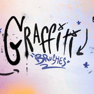 Op de afbeelding: Een graffiti-illustratie in zwart-wit van het woord "GRAFFITI" met de woorden "BRUSHES" eronder in blauw geschreven. De achtergrond is een lichtblauwe en roze gradiënt met witte stippen.