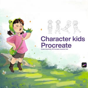 Puede incluir: Una ilustración digital de un niño con un gorro de rana verde y una camiseta rosa, sosteniendo una pequeña rana verde. El texto dice Character kids Procreate y Create beautifully 10 Procreate character kids, con cuatro bocetos lineales.