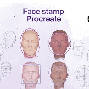 Può includere: Un'illustrazione digitale che mostra come disegnare un viso usando un sistema di griglia. L'immagine mostra una serie di volti in diverse fasi di completamento, con il viso finale che è un ritratto completamente reso. Il testo "Face stamp Procreate" è nella parte superiore dell'immagine.
