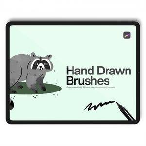 May include: A digital tablet screen displaying a light green background with a gray raccoon illustration, the text Hand Drawn Brushes, the subtext Create beautifully 10 hand drawn brushes in Procreate, a Procreate logo, and a black stylus drawing a line.