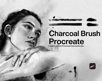 May include: A digital illustration of a person resting their chin on their hands, rendered in a charcoal style. The text reads Charcoal Brush Procreate and I create beautifull 11 Procreate Charcoal Brushes, accompanied by brush stroke samples.