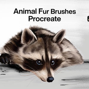 Puede incluir: Una ilustración digital de un mapache con pelaje marrón y gris, mirando al espectador. El mapache está acostado sobre una superficie gris con pinceladas negras. El texto "Animal Fur Brushes Procreate" está en la parte superior de la imagen.