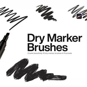 Könnte beinhalten: Eine digitale Grafik mit dem Text Dry Marker Brushes und Create beautifully 10 dry marker brushes in Procreate. Das Bild zeigt eine schwarze Markierspitze und verschiedene schwarze, texturierte Striche, die an trockene Tinte auf weißem Grund erinnern.