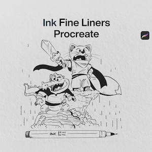 Puede incluir: Una ilustración digital en blanco y negro titulada Ink Fine Liners Procreate que muestra a un gato guerrero de dibujos animados con una espada y un cocodrilo sobre un acantilado rocoso bajo la lluvia, con un bolígrafo de tinta en la base.