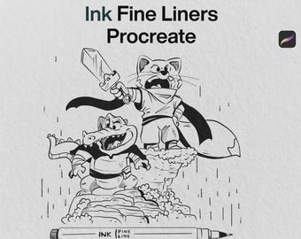 May include: A black and white digital illustration titled Ink Fine Liners Procreate featuring a cartoon cat warrior holding a sword and a cartoon crocodile standing on a rocky cliff in the rain, with a fine line ink pen shown at the bottom.
