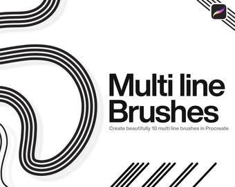 May include: A digital graphic featuring black multi-line strokes on a white background. The text reads Multi line Brushes, Create beautifully 10 multi line brushes in Procreate, with a Procreate icon in the top right corner and line samples.