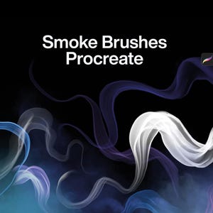 Puede incluir: Gráfico digital con el texto Smoke Brushes Procreate en blanco sobre un fondo negro. Remolinos de humo blanco, azul y morado fluyen por la parte inferior de la imagen, acompañados por el pequeño icono de la aplicación Procreate.