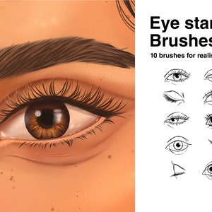 May include: Close-up of a brown eye with long eyelashes. The image is part of a set of 10 eye stamp brushes for realistic eyes. "Eye stamp Brushes" and "10 brushes for realistic eyes" are written in black text on a white background. The image includes 10 different eye shapes drawn in black.
