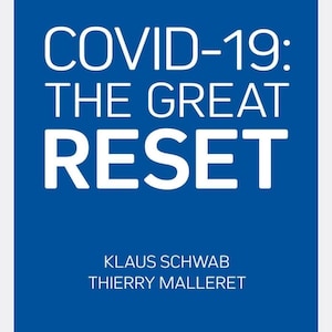 May include: A blue book cover with the title "COVID-19: The Great Reset" in white text. The authors, Klaus Schwab and Thierry Malleret, are listed below the title. The book is published by Forum Publishing.