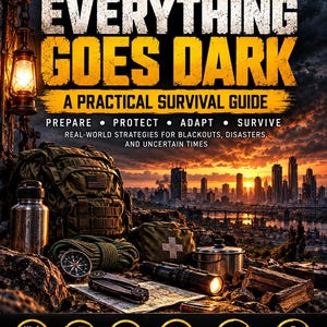 May include: A survival guide book titled When Everything Goes Dark with a cover showing a backpack, compass, water bottle, flashlight, and cooking pot against a city skyline. The bottom features icons for food, power, health, security, shelter, and skills.