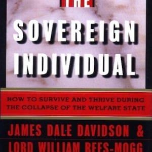 Może przedstawiać: Okładka książki "The Sovereign Individual" z białym tekstem na jasnym tle. Tytuł jest dużymi, pogrubionymi literami. Widoczne są również nazwiska autorów, James Dale Davidson & Lord William Rees-Mogg.
