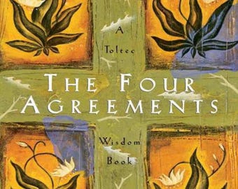 May include: Book cover for "The Four Agreements" by Don Miguel Ruiz. The cover features a colorful, abstract design with the title in large, white letters. The book is a practical guide to personal freedom.
