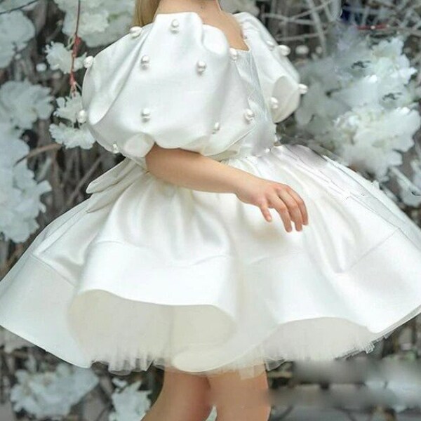 Baby Girl Princess Pearl Beading Dress Infant Toddler Child Bow Vestido Puff Sleeve Wedding Party Birthday Baby Clothes 1-14Y