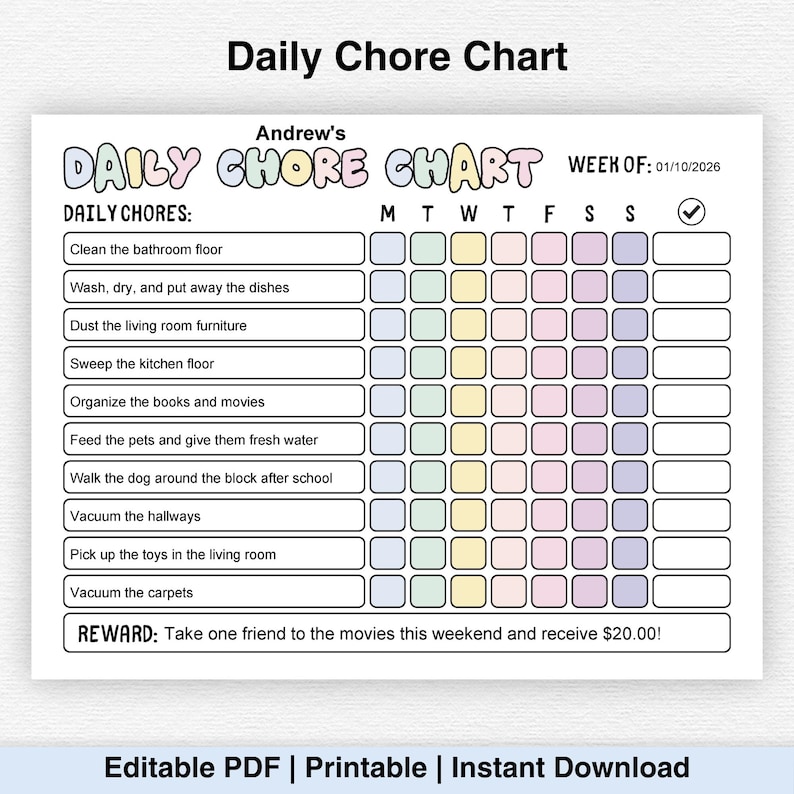 Editable Daily Chore Chart for Kids, Chore List, Weekly Chores, Family ...