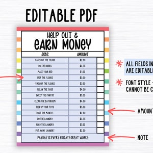 Editable How to Earn Money Chore Chart, Allowance Chore Chart for Kids ...