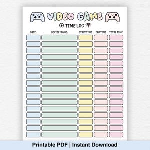 May include: A printable video game time log on white paper. The design includes pixelated controller graphics and the words "VIDEO GAME TIME LOG." The log has sections for date, device/game, start and end times, and total time.