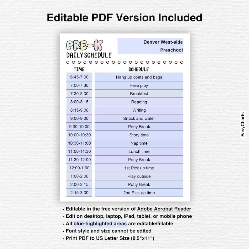 Daycare Daily Schedule for Preschool, Pre-k, Printable Child Care, Kids ...