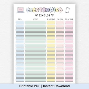 May include: A printable PDF time log for electronics, featuring sections for date, device, start and end times, and total time. The title "ELECTRONICS" is in colorful bubble letters, with laptop and phone icons.