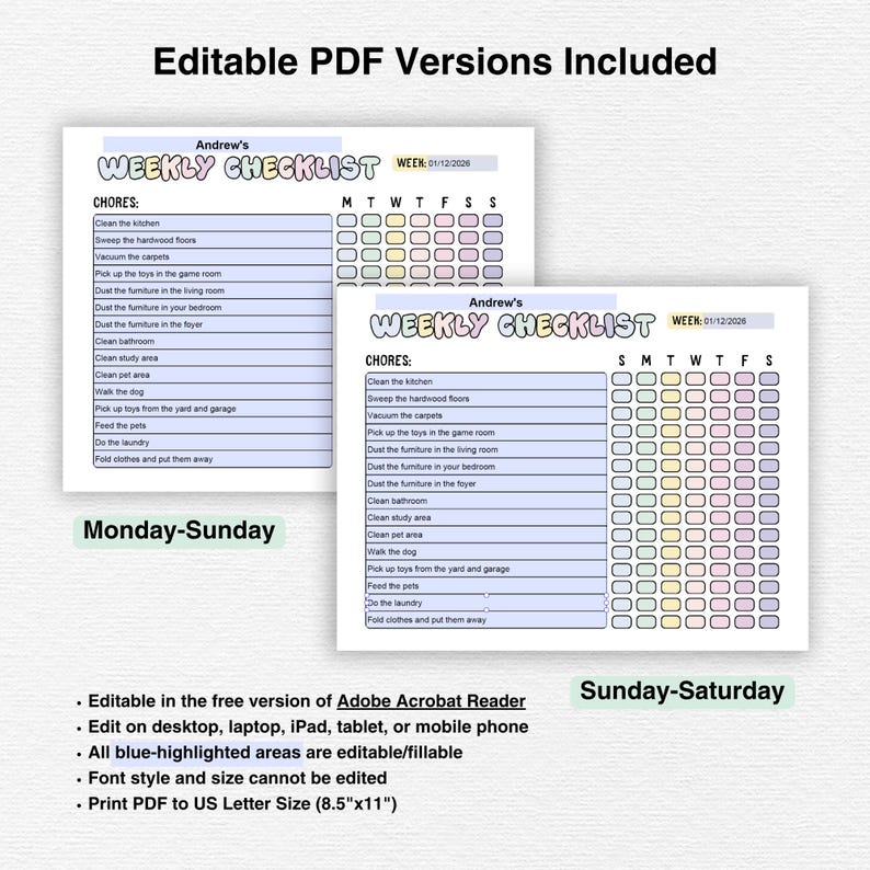 Weekly Checklist, Chore List, Daily Weekly Responsibility Chart, Family ...