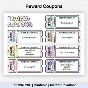 Può includere: Un foglio di buoni ricompensa colorati con la scritta "Reward Coupons" in alto. Ogni buono ha uno spazio per riscattare attività come "Go to the movies" e "Bake a special dessert with mom." Il testo in basso recita "Editable PDF | Printable | Instant Download."