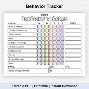 Puede incluir: Un rastreador de comportamiento imprimible con el título "Behavior Tracker" en la parte superior. El rastreador incluye una lista de comportamientos, un calendario semanal y espacio para puntos y recompensas. El texto "Editable PDF | Printable | Instant Download" está en la parte inferior.